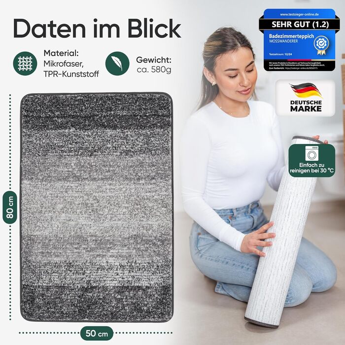 Килимок для ванної кімнати 50x80 см, антиковзаюча, чорно-сірий | Килимок для ванни, килимок для душу, ковролін для ванної кімнати | Преміум якість, великий, пральний