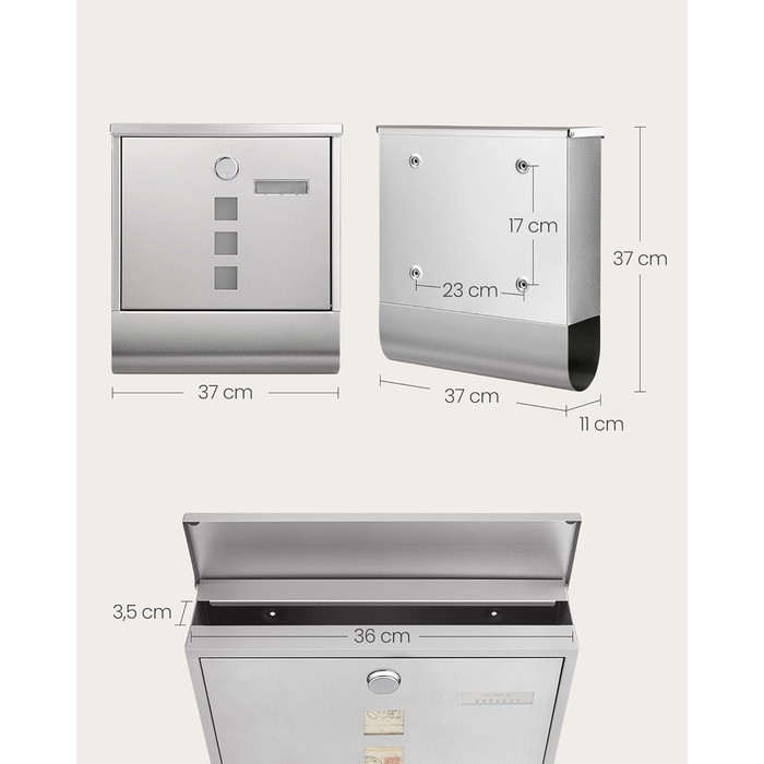 Поштова скринька SONGMICS з замком, оглядовим вікном та відділенням для газет, сіра - GMB20AG (37x37x11 см)