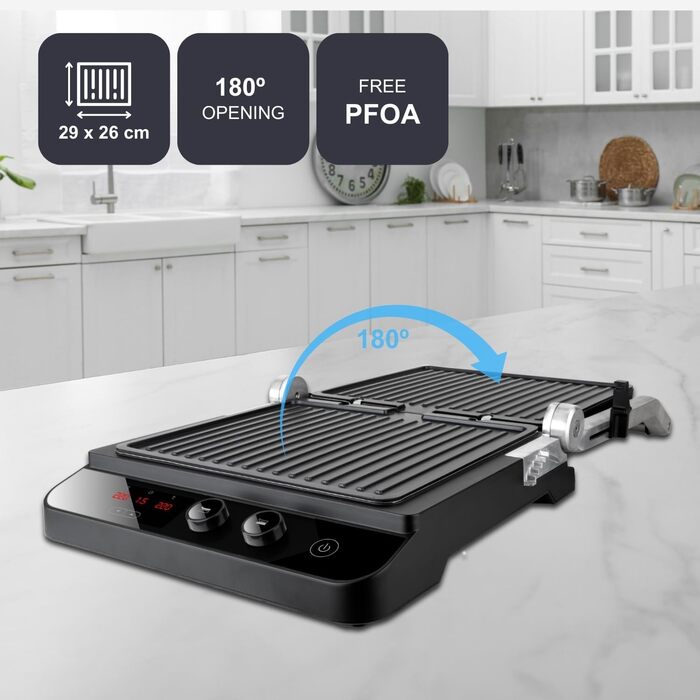 Електричний гриль та контактний гриль Black+Decker BXGR2200E 2200W - 2 у 1, LCD-дисплей, 29x26 см