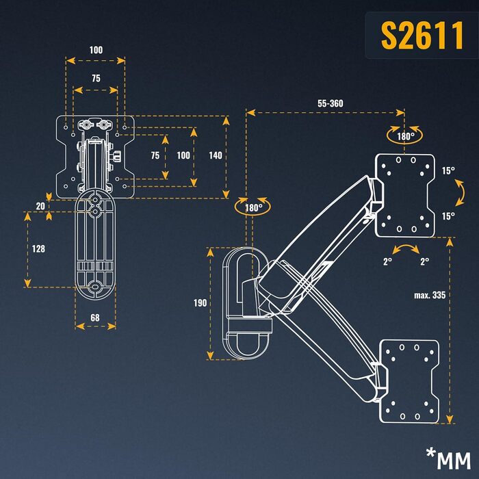 Настінний кронштейн для монітора RICOO S2611 з газліфтом, для екранів 13-34 дюймів, VESA 75x75 / 100x100 мм, регульований за висотою, нахилом та поворотом