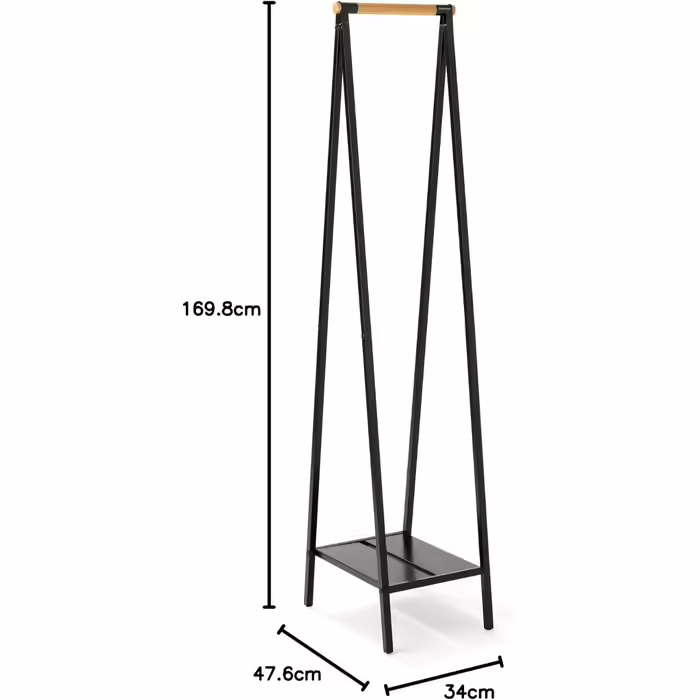 Brabantia - Linn Clothes Rail, Compact - Freestanding Clothes Rack - For Clothes - Hanging, Airing & Drying Clothes - Sturdy Steel Frame & Bamboo Rail - 47.6 cm x 34 cm x 170 cm - Matte Black
