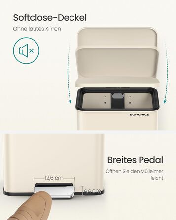 Відро для сміття SONGMICS 40 л, сталеве, з м'яким закриттям, з мішками, пісочно-бежеве (LTB540A02)