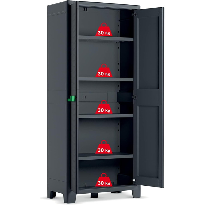Keter Moby Plastic Cabinet, Tall, Anthracite/Green/Grey, 80 x 44 x 182 cm, including 4 adjustable shelves with a load capacity of 30kg each, suitable for indoor and outdoor use, UV and water resistant (IPX3)
