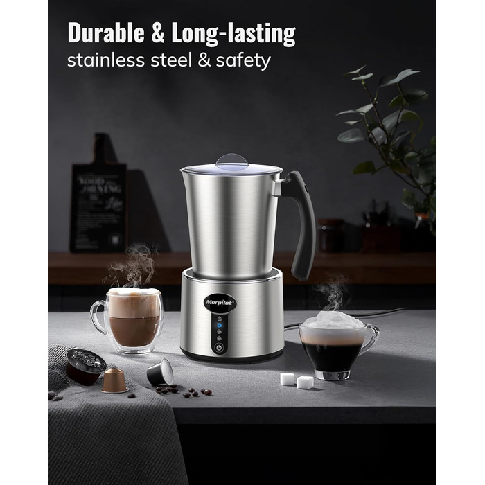 Електричний піноутворювач для молока Morpilot, 500 мл, 650 Вт, нержавіюча сталь, миється в посудомийній машині, для гарячого та холодного молока, шоколаду, антипригарне покриття