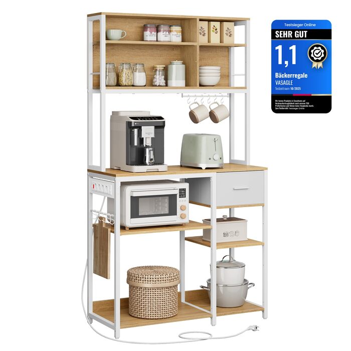 Стелаж кухонний VASAGLE з розетками, 40 x 100 x 180,4 см, 12 гачків, антрацит-чорний, з регульованими полицями та висувною шухлядою