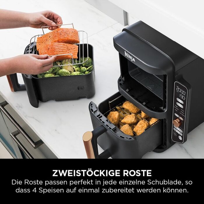 Ninja Double Stack XL Air Fryer, 2 vertical drawers, 4 cooking levels, 2 compartments, space-saving design, 9.5 L capacity, 6 functions, 8 portions, tongs, Black/Copper SL400EUCP Stacked 9.5L Copper/Black