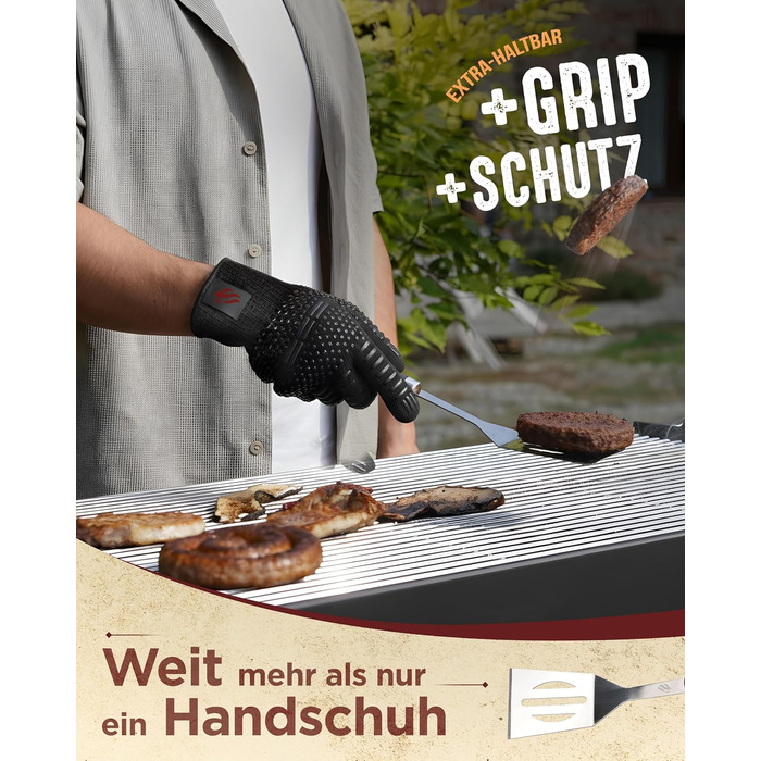 HORUS 23 Набір аксесуарів для гриля – 4 предметний набір: щипці, лопатка, виделка та термостійкий рукавичка