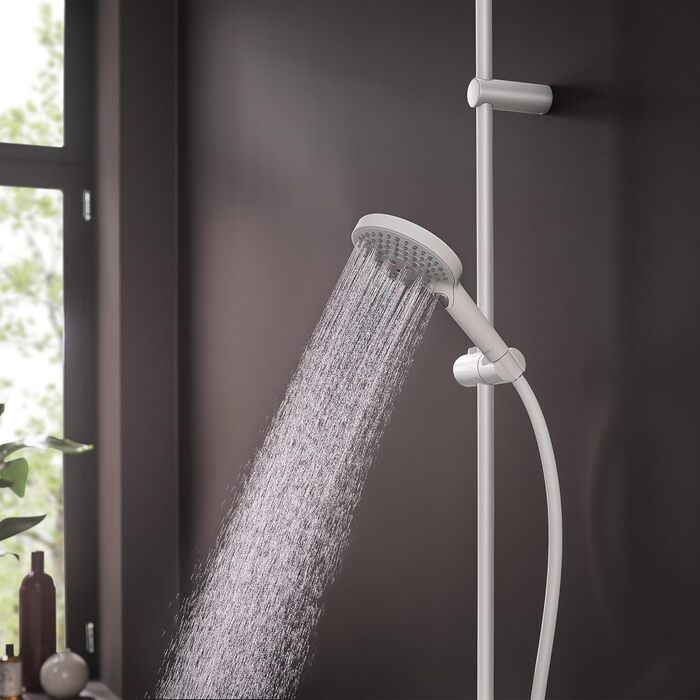 hansgrohe Raindance Select S - water-saving showerhead 9 l/min (EcoSmart), handheld shower with 3 spray patterns, round shower head (⌀ 120 mm), water-saving showerhead with anti-limescale function, (with PowderRain spray, Mattwhite, 3 spray patterns including PowderRain)