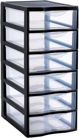 SUNDIS Orgamix, plastic drawer box, 6 transparent A4-size drawers, height 50 cm, stackable, ideal for storing office supplies, course materials, documents, accessories.