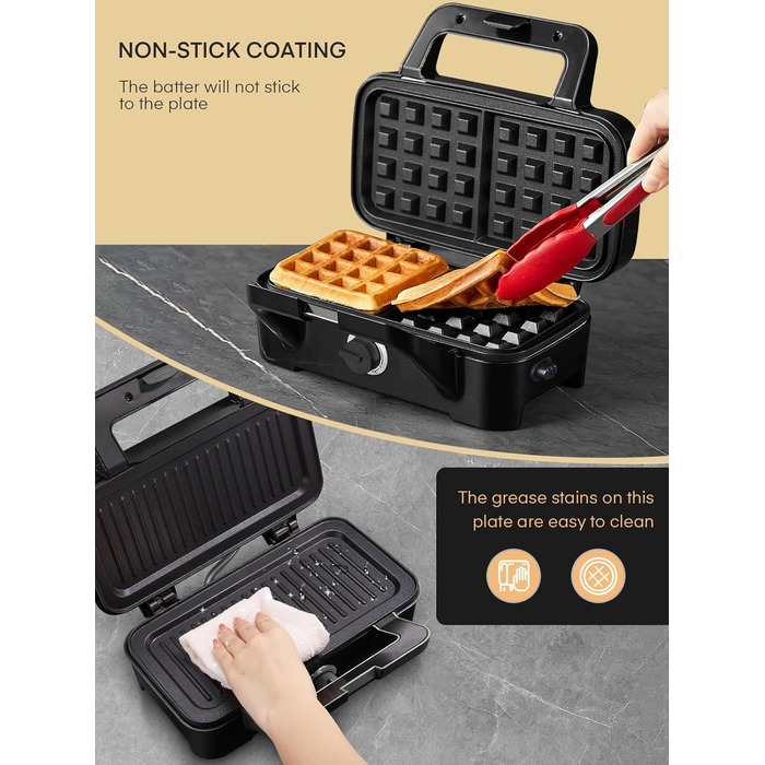 Sandwichmaker 1200W 3-в-1: сендвічниця, вафельниця, контактний гриль з регулюванням температури та антипригарним покриттям | LED-дисплей, нержавіюча сталь/чорний