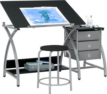 SD Studio Designs Comet Center Plus Craft Table & Stool Set with Storage - Adjustable Top - Silver/Black