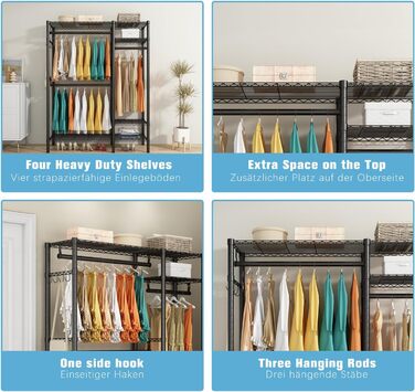 KZOBYD Clothes Rack, Freestanding Clothes Rod with Shelf Metal Wardrobe with Hanging Rods Black Open Clothes Closet with 4 Adjustable Shelves for Coats, Dresses, Shoes