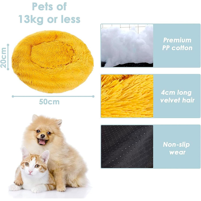 М'яке ліжко для котів та собак 50x50 см, кругла, плюшеве, з подушкою, легко миється, кольору імбиру