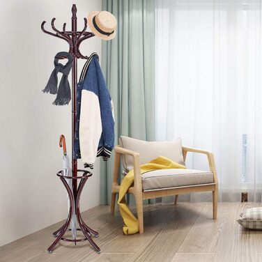 GIANTEX Coat Rack with Umbrella Stand, Clothes Rack Wood with 12 Clothes Hooks, Wooden Coat Tree Freestanding, Standing Coat Rack for Entryway Living Room (White) (Brown)