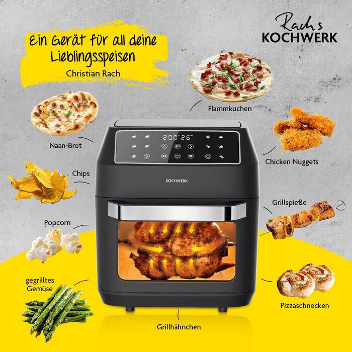 Цифрова аерофритюрниця Rachs KOCHWERK 12 л з комплектом аксесуарів XXL, духовка, гриль, фритюрниця з оглядовим вікном і сенсорним екраном, без масла, 10 програм, таймер, чорна