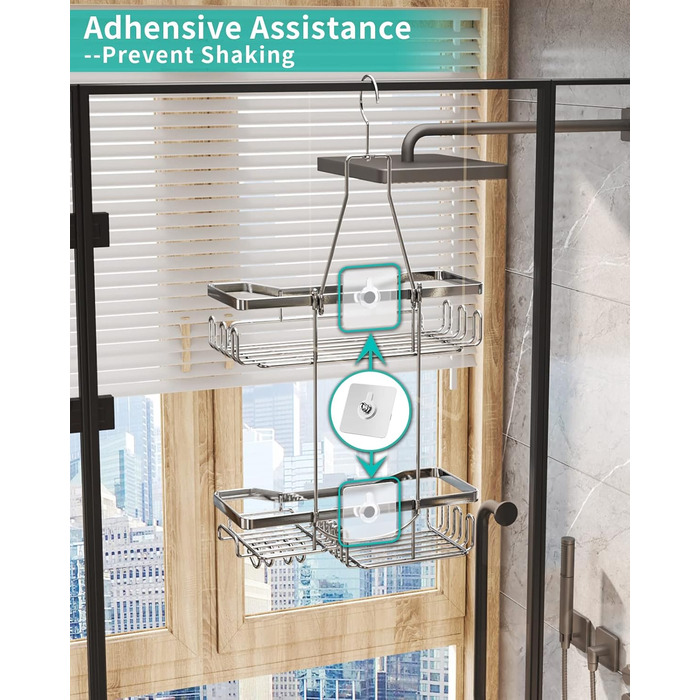 HapiRm Shower Shelf to Hang with Razor Holder & Soap Holder - Hanging Shower Shelf with Multiple Hooks - High-Quality Hanging Shower Shelf Stainless Steel No Drilling-Silver