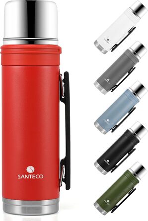 SANTECO 1L Stainless Steel Thermos Flask with Cup - Insulated Leakproof Travel Thermos for Hot & Cold Coffee & Tea - BPA Free