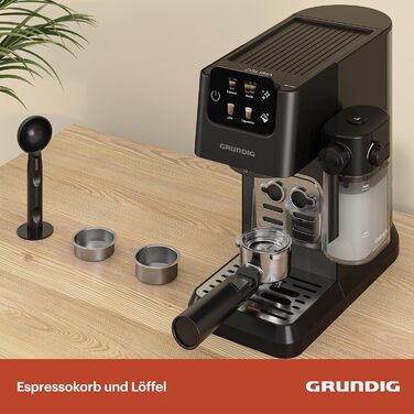 GRUNDIG KSM 5330 Espresso Machine with Integrated Milk Container, 1628 W Power, 15 bar Pump Pressure, Dual Nozzle, Color Touch Display, BrewSense, CreamyPro, Dark Inox/Black. With Milk Container