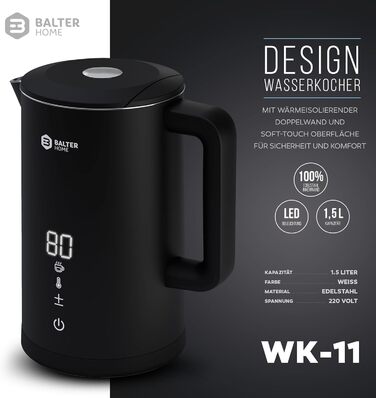Balter Stainless Steel Kettle with Temperature Setting, 40°C-100°C, Double-Walled, BPA-Free, 1.7L, Black, WK-5-Touch (5 Temperature Levels, LCD)