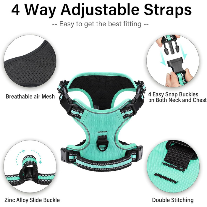 Нашийник для собак No-Pull, грудна шлейка для маленьких, середніх та великих собак - м'яка, дихаюча, регульована, світловідбиваюча, проти потягування з м'яким тримачем (L, блакитний)