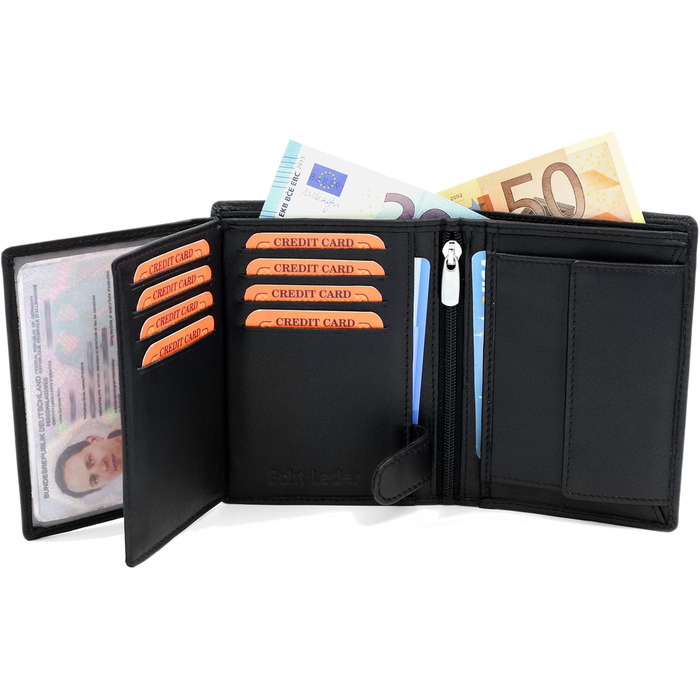 Fa. Volmer Black Leather Wallet made of genuine leather in portrait format with TÜV-tested RFID protection Phoenix 3, Black