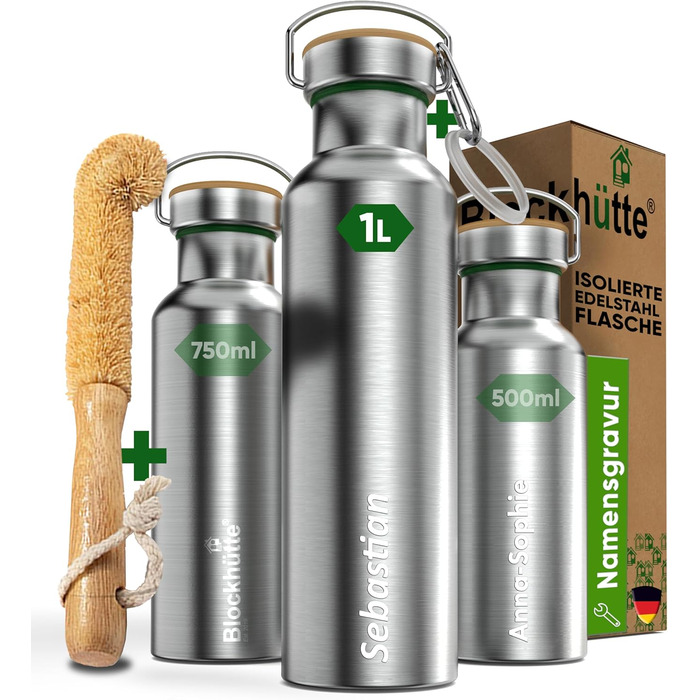 Log Cabin Personalized Stainless Steel Water Bottle 1L - Leak-Proof Water Bottle for Kids, Adults, BPA-Free, Carbonated Drink Safe, Thermos Bottle for School, Outdoor, Engraving with Name