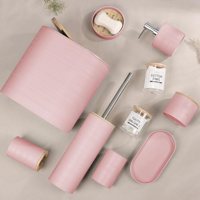 Набір для ванної кімнати IMAVO, 26 предметів: аксесуари для ванної, душова завіса, килимок, сміттєвий бак, піднос, дозатор для мила, мильниця, тримач для зубних щіток, стаканчик для зубних щіток (рожевий)