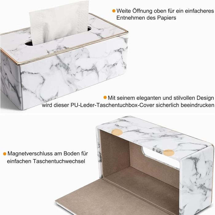 Коробка для серветок Rarapop з PU-шкіри, прямокутна, для комода, ванної кімнати, офісу (мраморний дизайн)