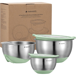 Navaris Stainless Steel Bowl Set with Lid and Strainer - 3-Piece Set - 2 Mixing Bowls, 1 Strainer - Salad Bowl, Stainless Steel Bowl, Bowl Set - Containers in Mint Green