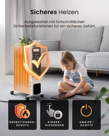 Pro Breeze 2500W Oil Radiator with 11 Fins, Electric Heater - Energy-Saving Oil Radiator, 3 Heating Levels, Adjustable Thermostat, 24h Timer, Touch Display & Safety Shut-Off Function White - No App