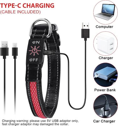 Світловідбиваючий нашийник для собак AUAUY LED, USB-зарядка, водонепроникний, регульований, безпечний, 6 кольорів (-S), S(11.8-15.7'/30-40 cm) (Червоний)