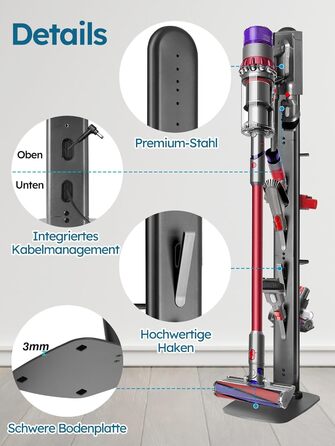 Підставка для пилососів Dyson G5, V15, V12, V11, V10, V8, V7, V6, металева з 4 гачками та 4 полицями, без свердління, стійка, підлогова, приховане кріплення кабелю, темно-сірий