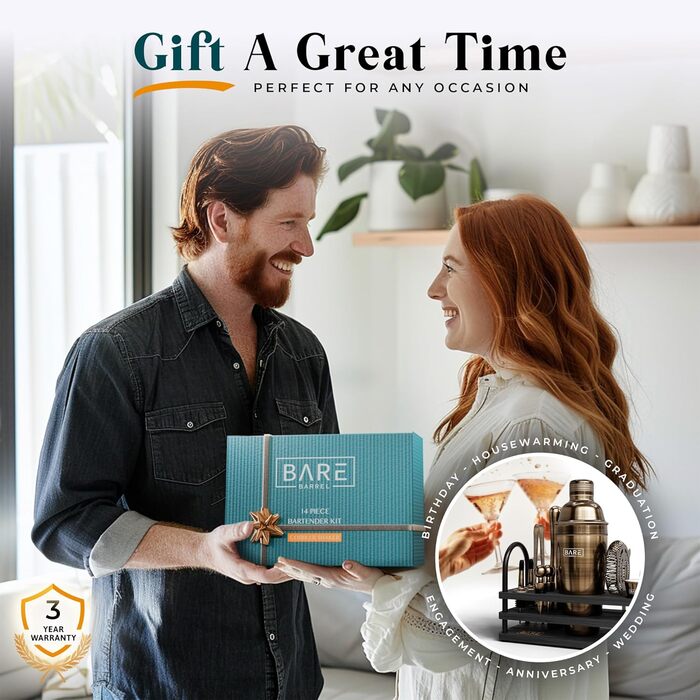 Набір бармена BARE BARREL®: 14 предметів для приготування коктейлів, шейкер Schuster (680 мл), аксесуари для бару, 35 рецептів, подарунковий набір