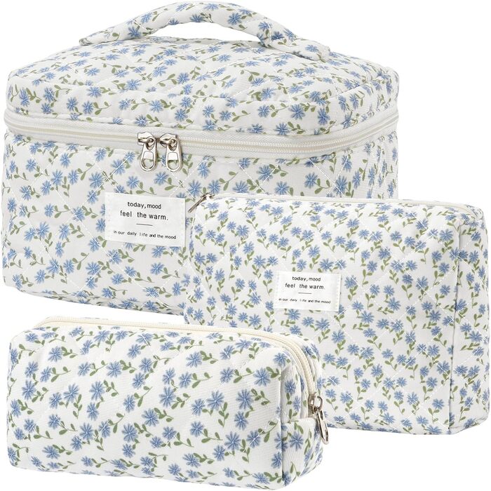 Набір косметичок 3 шт. з квітковим візерунком, дорожні та повсякденні | Косметичка для макіяжу для жінок та дівчат (Блакитний Павич)