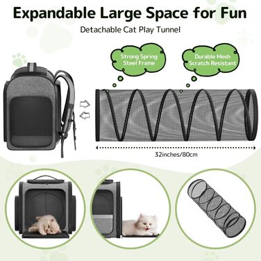 Рюкзак-переноска для котів Pawtners з розширеним тунелем для ігор, дозволений авіакомпаніями, для маленьких собак та великих котів до 11,3 кг, сірий, розмір L 40 x 32 x 38 см