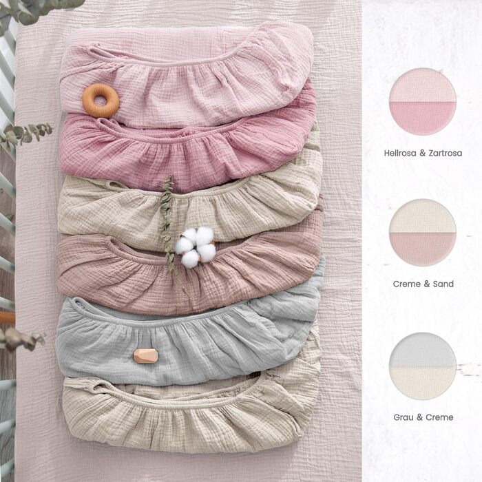 lulumoon Muslin Fitted Sheet Set for Crib: Soft & Breathable Fitted Sheet for Travel Bed and Baby Bed 100% Cotton 60x120-70x140cm 2-Pack (Pink Geranium)