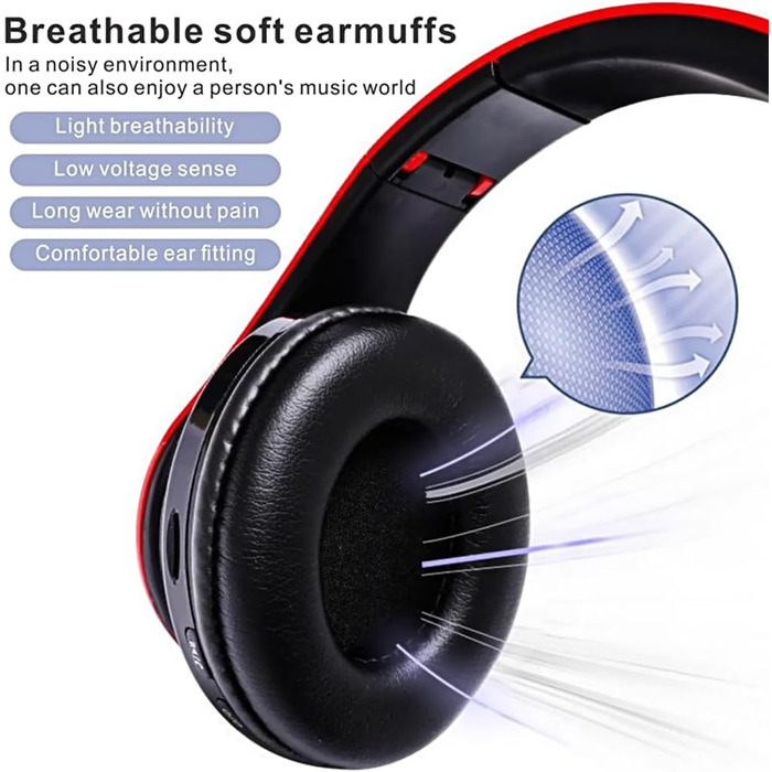 Бездротові навушники Bluetooth з LED-підсвіткою, складані, Bluetooth 5.0, радіус дії 10 м, стерео, мікрофон, зручні амбушюри (чорно-червоні)