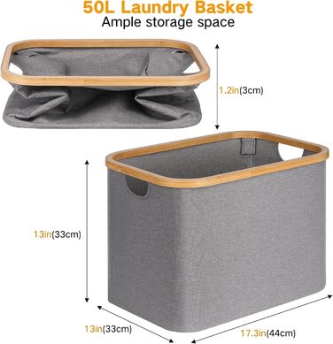 efluky Folding Laundry Basket 50L, Bamboo Fabric Folding Storage Basket, Collapsible Storage Basket, Laundry Baskets for Bedroom Bathroom (Gray)