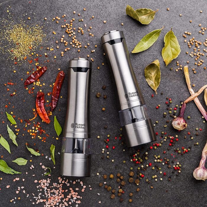 Електричні млини Russell Hobbs для солі та перцю, набір 2 шт, нержавіюча сталь, керамічний механізм, регульований помел, LED підсвітка, для спецій та трав, модель 23460-56