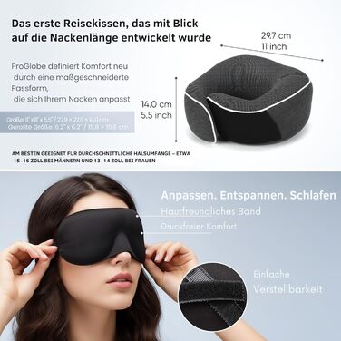 Подушка для шиї Proglobe, 100% Memory Foam, ортопедична, для подорожей (літак, авто, поїзд), з 3D-маскою для сну, сітчаста сумка (темно-сіра)