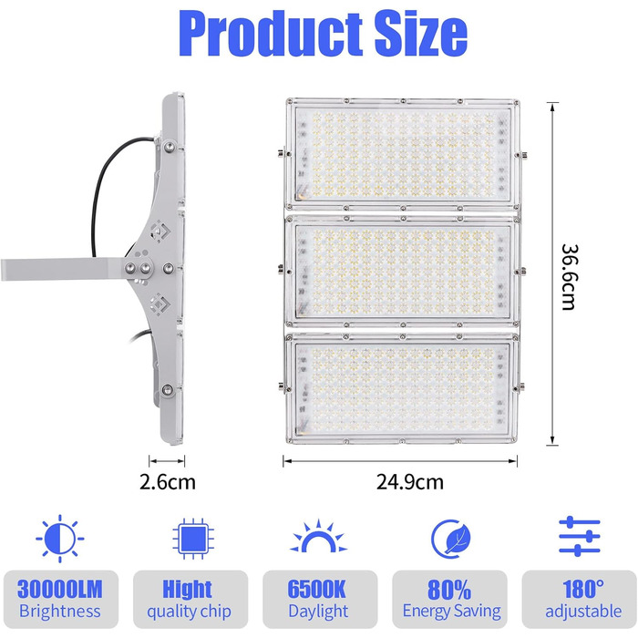 Bellanny LED Floodlight 300W 30000LM Spotlight, 6500K Cool White Light Floodlights - IP65 Waterproof Floodlight, Outdoor Wall Lights for Garden, Terrace, Garage, Sports Field, Factory, Workshop