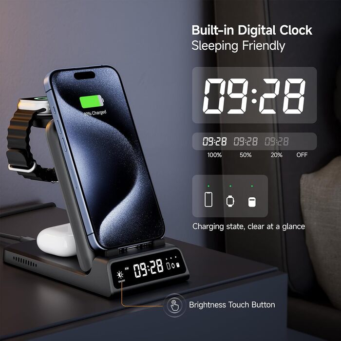 Бездротова зарядка 3-в-1 SwanScout 703A для iPhone 12/13/14/15/16/17, Apple Watch 7/8/9/10/11/Ultra, AirPods Pro 3 – Чорна