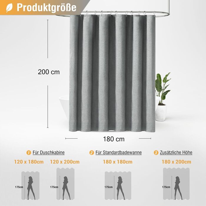 Штора для душу BTTN з льону 180x200 см, сіра, антигрибкова, з гачками, поліестер