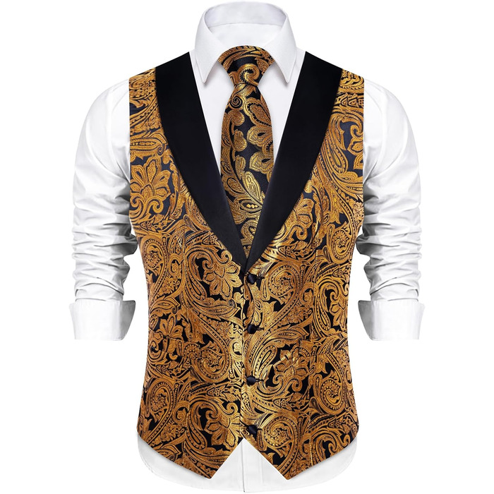 Костюм-жилет DiBanGu для чоловіків, шовковий жаккард, жилет та краватка, комплект з жабо, для смокінгу, весілля, свят, 7 предметів, золото та чорний