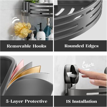 Поличка для душу ONXE на присоску, без свердління, кутова, з гачками, з нержавіючої сталі, водонепроникна, з алюмінію, для зберігання у ванній кімнаті