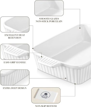 Керамічна форма для запікання MALACASA Bake.Bake 39,6 см, 4,2 л, біла, для лазаньї, тірамісу, запіканок, прямокутна, на 4-6 осіб
