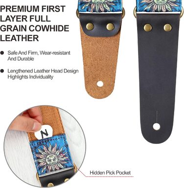 Гітарний ремінь Nefelibata, вишитий бавовняний ремінь з шкіряними кінцями, для бас-гітари, електро- та акустичної гітари, безкоштовний фіксатор, 1 пара застібок, 4 шт. (Блакитне сонце)