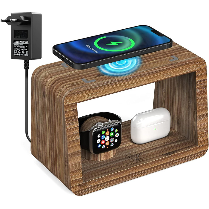 Багатофункціональна заряджна станція 5-в-1 з бездротовим зарядним пристроєм, світлодіодним нічником та годинником, бамбукова, сумісна з Apple Watch, AirPods, Samsung Galaxy та іншими пристроями