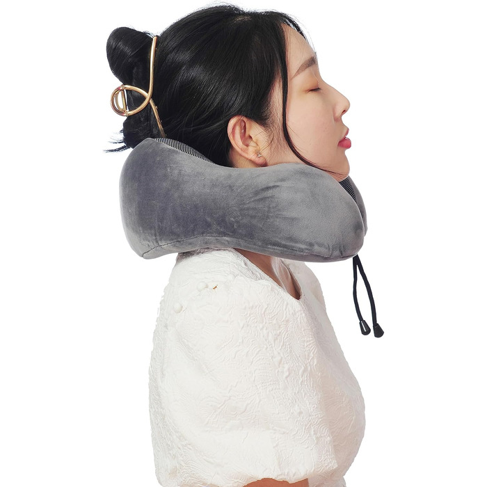 Подушка для шиї з піною з пам'яті, 360-градусна підтримка голови, зручна та легка, ідеальна для сну в літаку, авто, поїзді, автобусі та вдома, з чохлом для зберігання (Сіра)