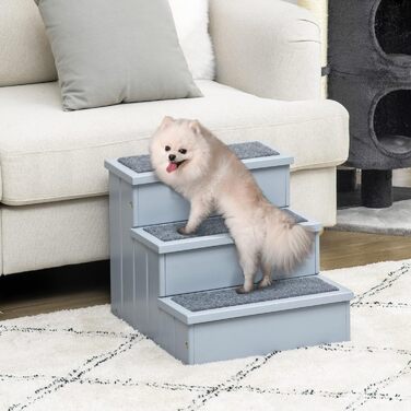 PawHut Dog Stairs 3 Steps Cat Stairs Pet Stairs Dog Stairs for Dogs and Cats Pet Stair Entry Aid with Carpet Storage for Sofa Bed Pine Wood Grey 40.5 x 44.5 x 38 cm
